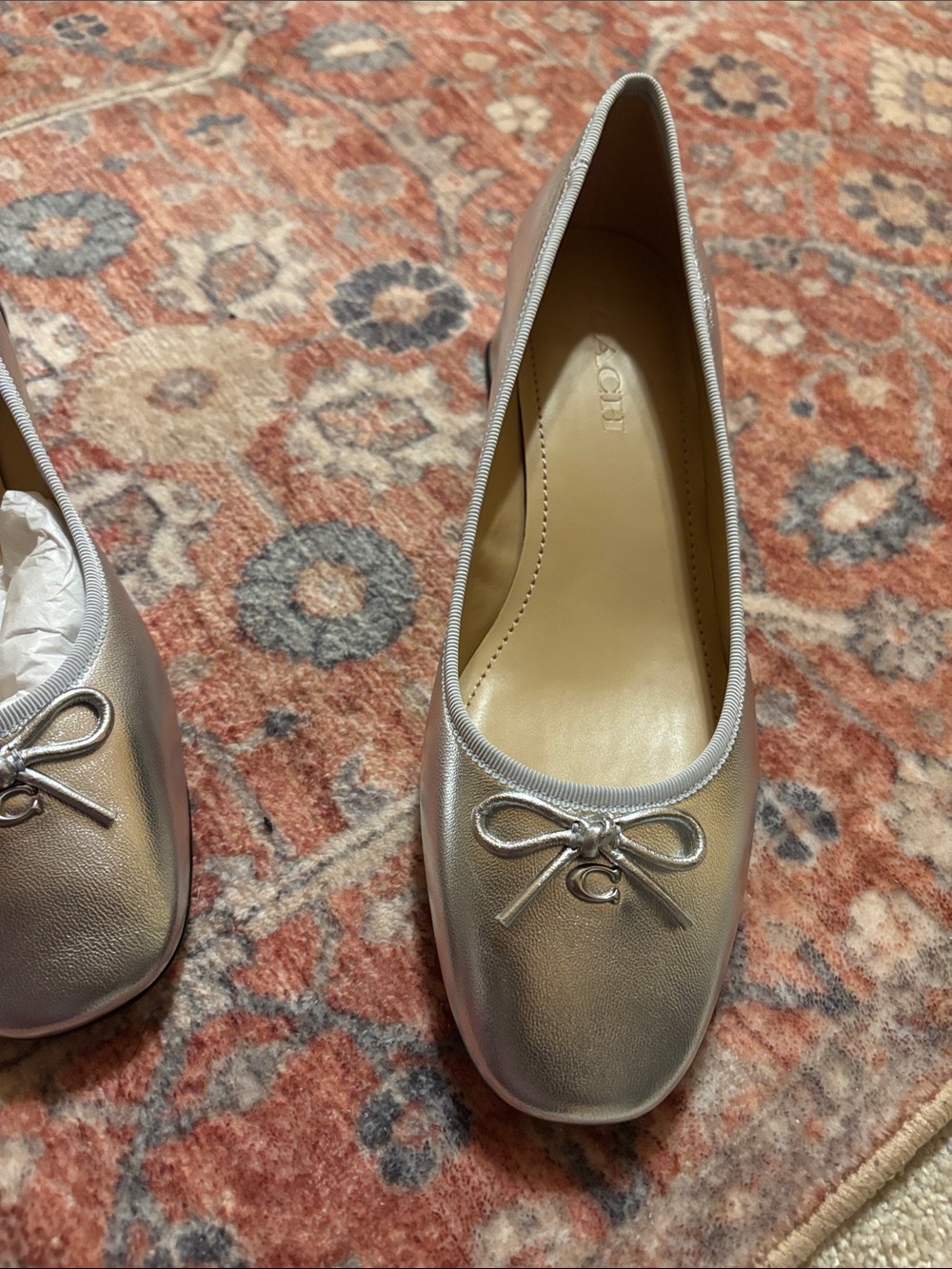 Coach Metallic Silver Low Block Heel Ballet Flats with Bow - Picture 2 of 4